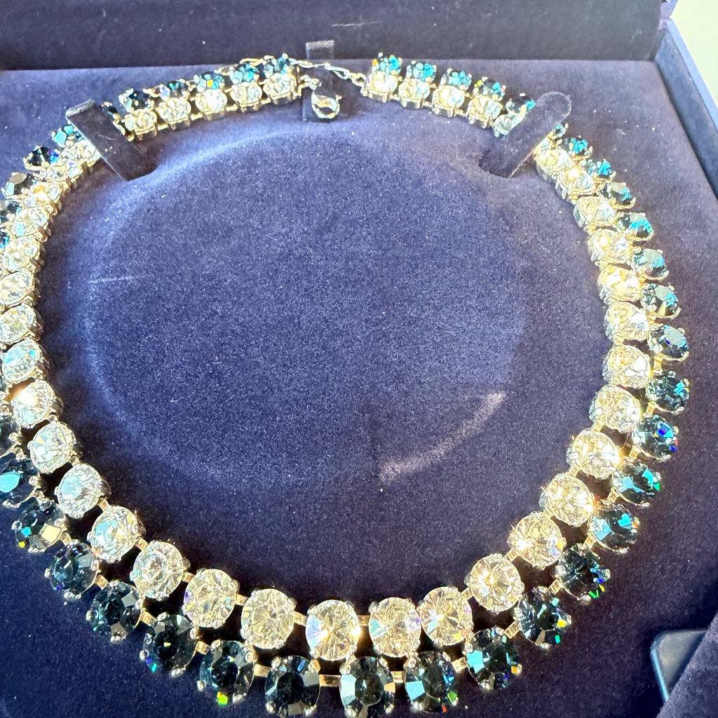 Rare Swarovski Gold Necklace With Blue Sapphire And Clear Crystals